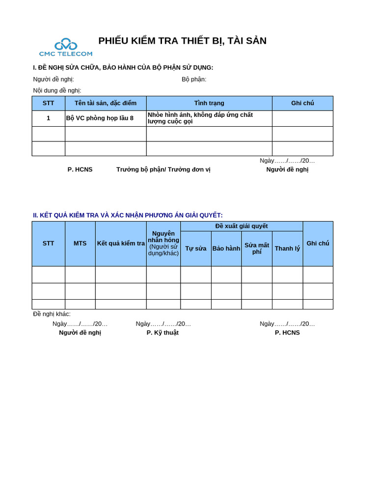 Phieu Kiem Tra Thiet Bi | PDF