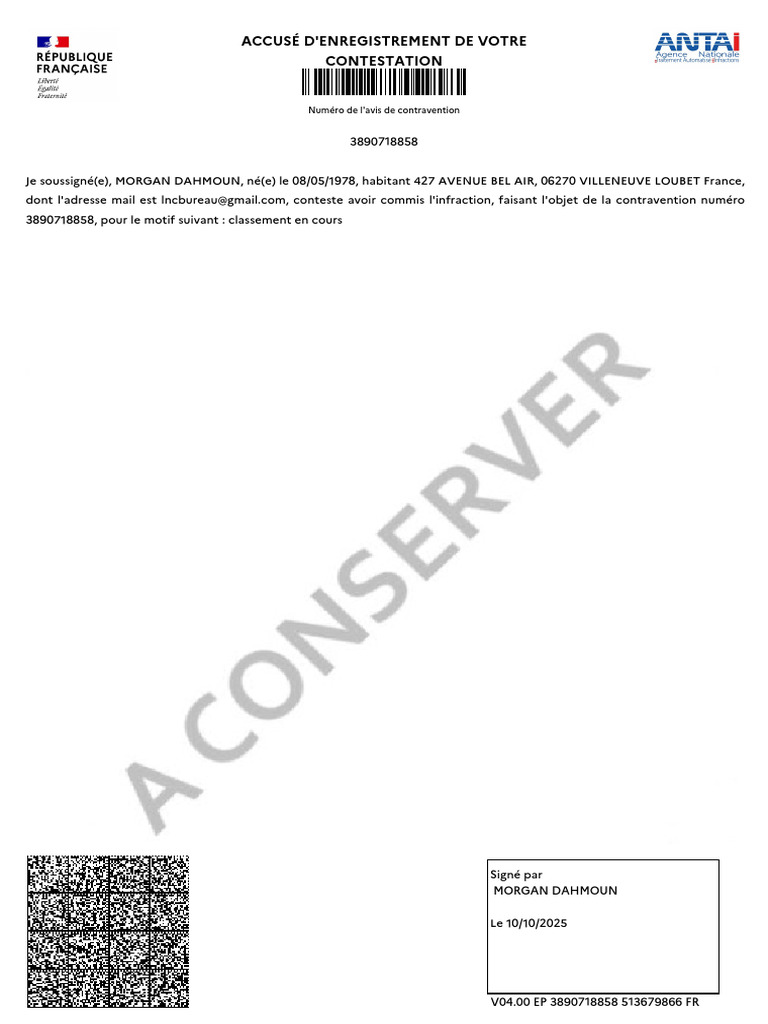 Contestation de contravention 3890718858 | PDF
