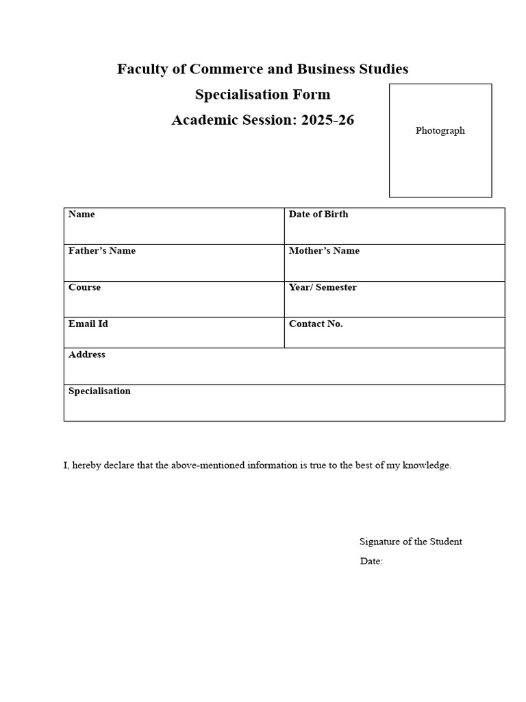 Faculty of Commerce Specialisation Form | PDF