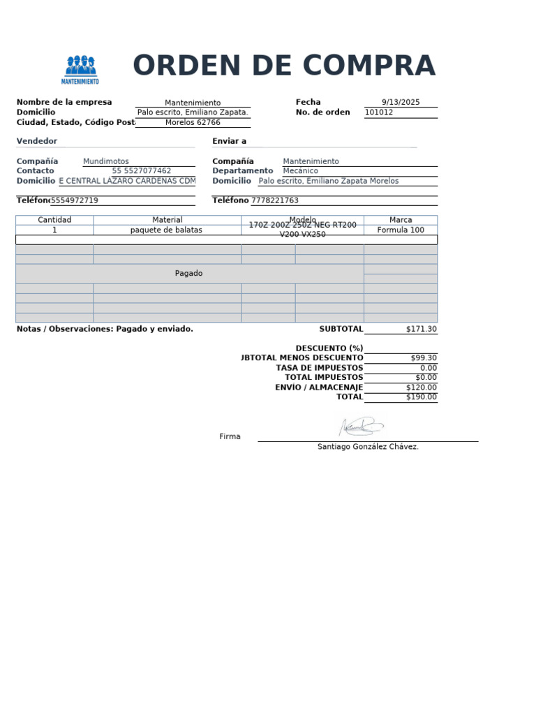 Orden de Compra para Mantenimiento de Mundimotos | PDF