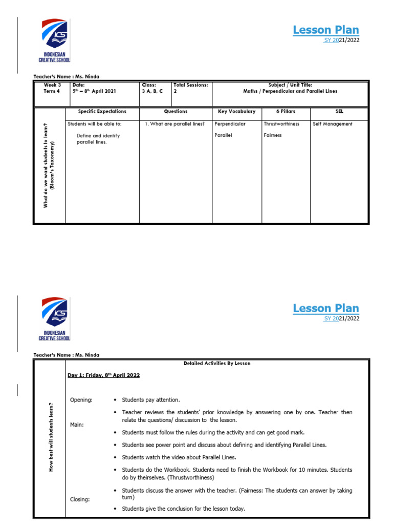 Maths Lesson Plan: Parallel Lines | PDF | Teachers | Lesson Plan
