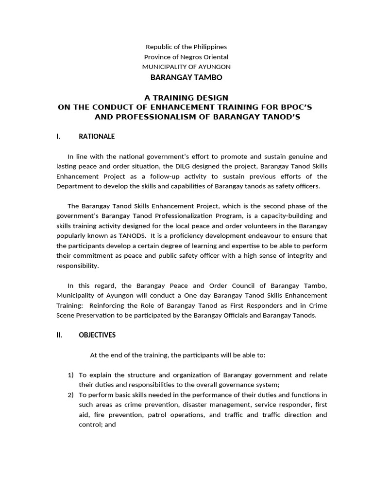 Barangay Tanod Skills Training Program | PDF | Public Safety | National ...