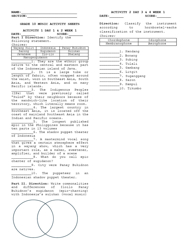 Activity Sheets in Music and Arts 7 q2 | PDF