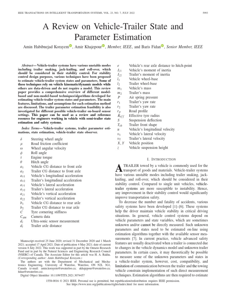 A Review On Vehicle-Trailer State and Parameter Estimation | PDF ...