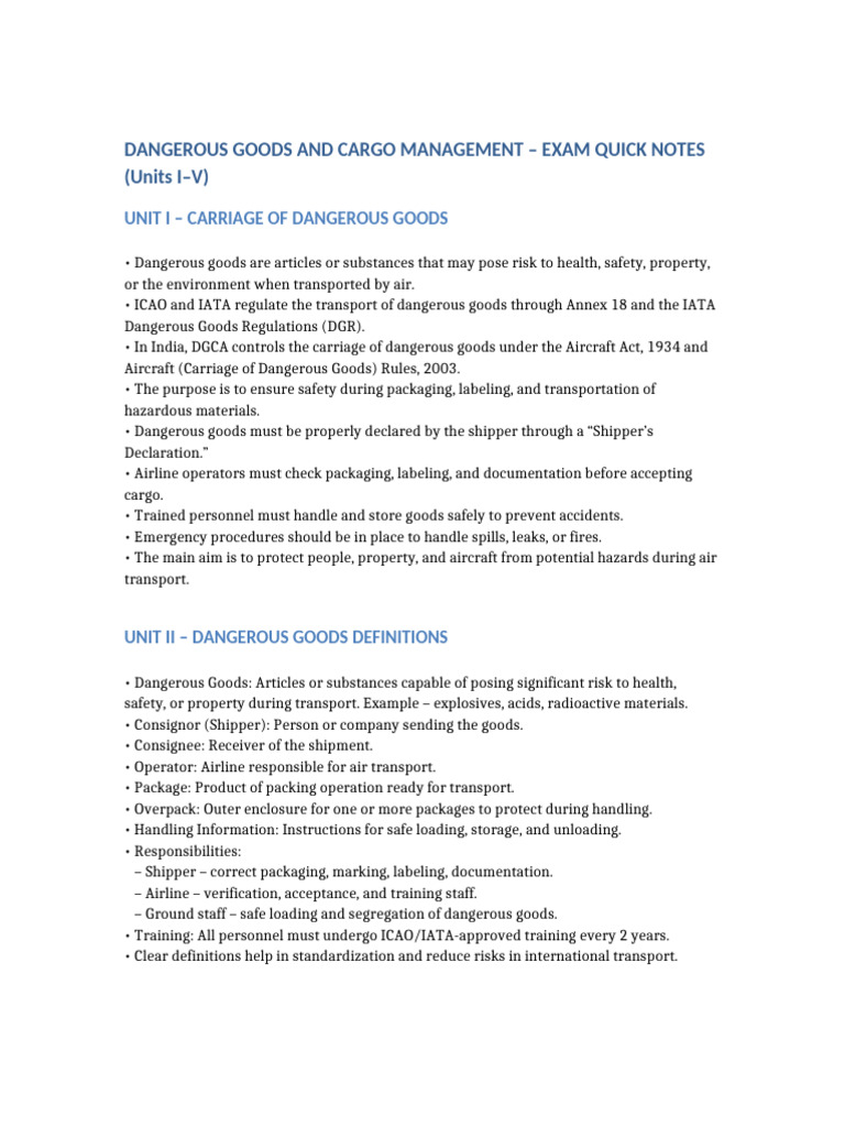 Dangerous Goods and Cargo Management Exam Quick Notes | PDF | Dangerous ...