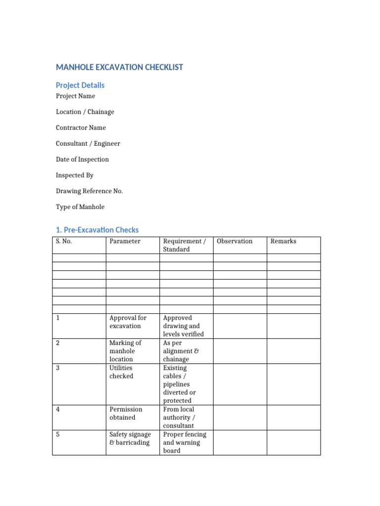 Manhole Excavation Inspection Checklist | PDF