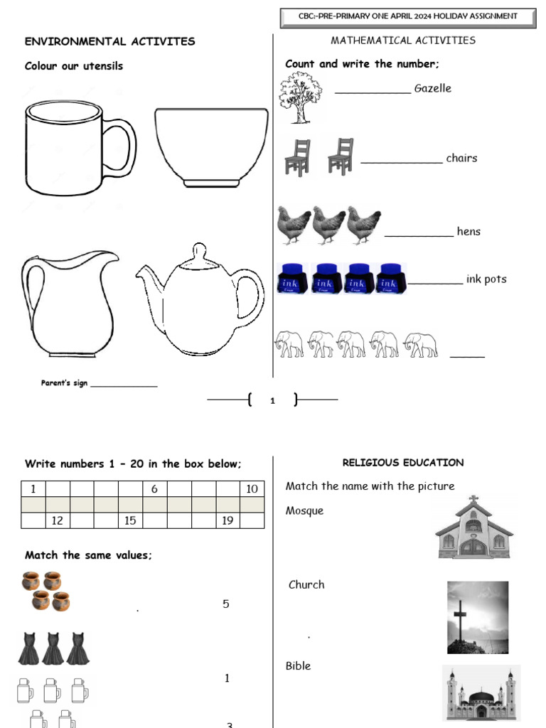 Pre-Primary One Holiday Assignment | PDF