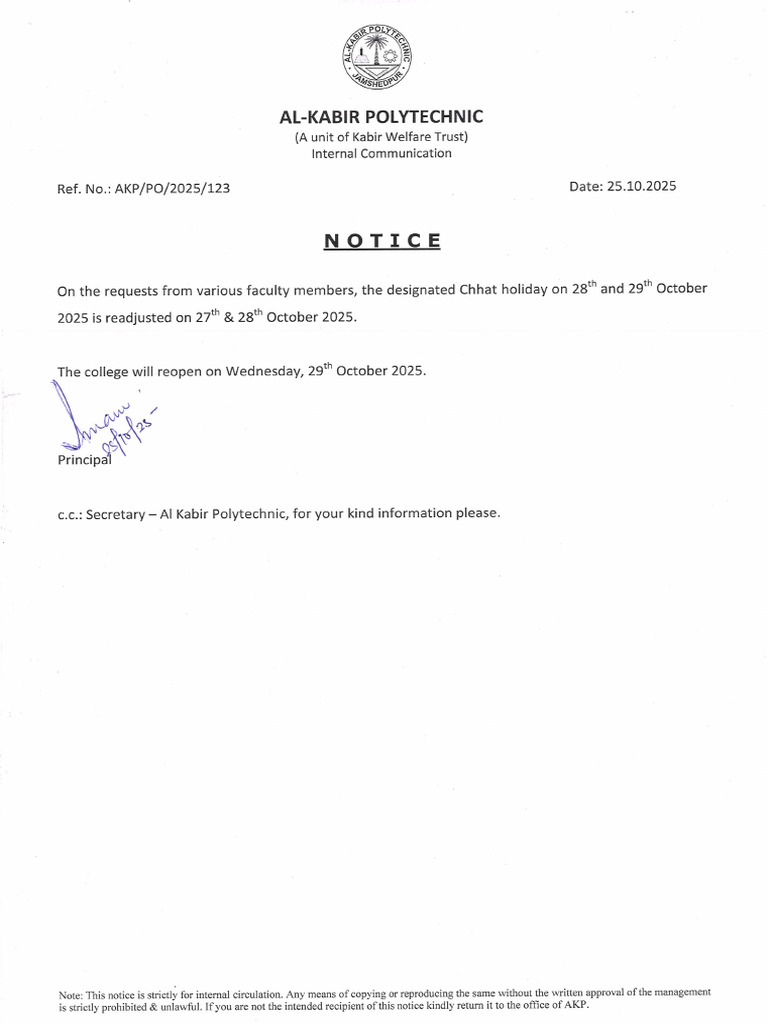 123 - Holiday Notice For Chhat | PDF