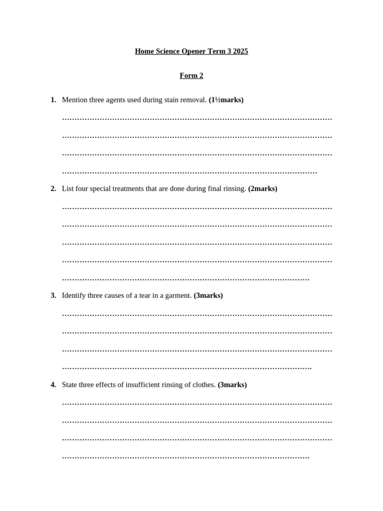 Home Science S2 Term 3 Assessment | PDF | Linens | Chess Theory
