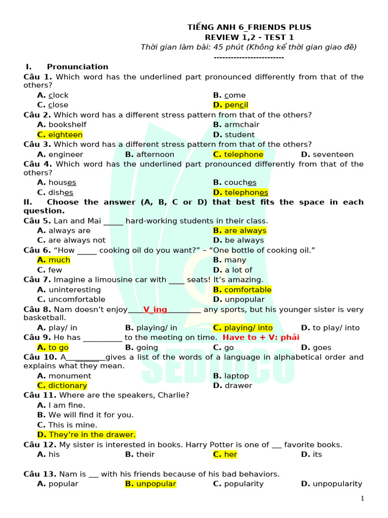 Tieng Anh 6 Friends Plus - Review 1&2 - Test 1 | PDF