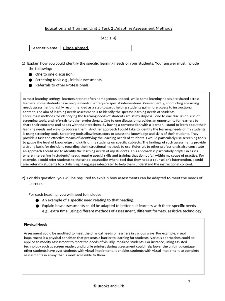 AET U5 T2 Adapting Assessment Methods | PDF | Learning | Learning ...