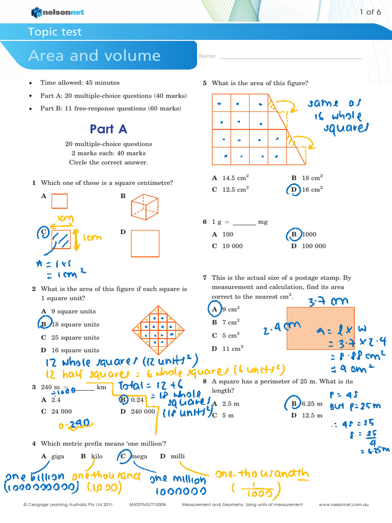 Area and Volume Test Answers | PDF | Area | Length