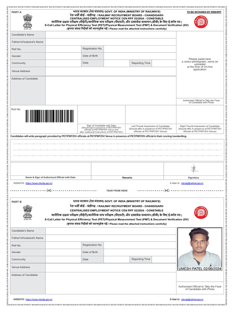 Part A: To Be Retained by RRB/RPF | PDF | Identity Document | Government