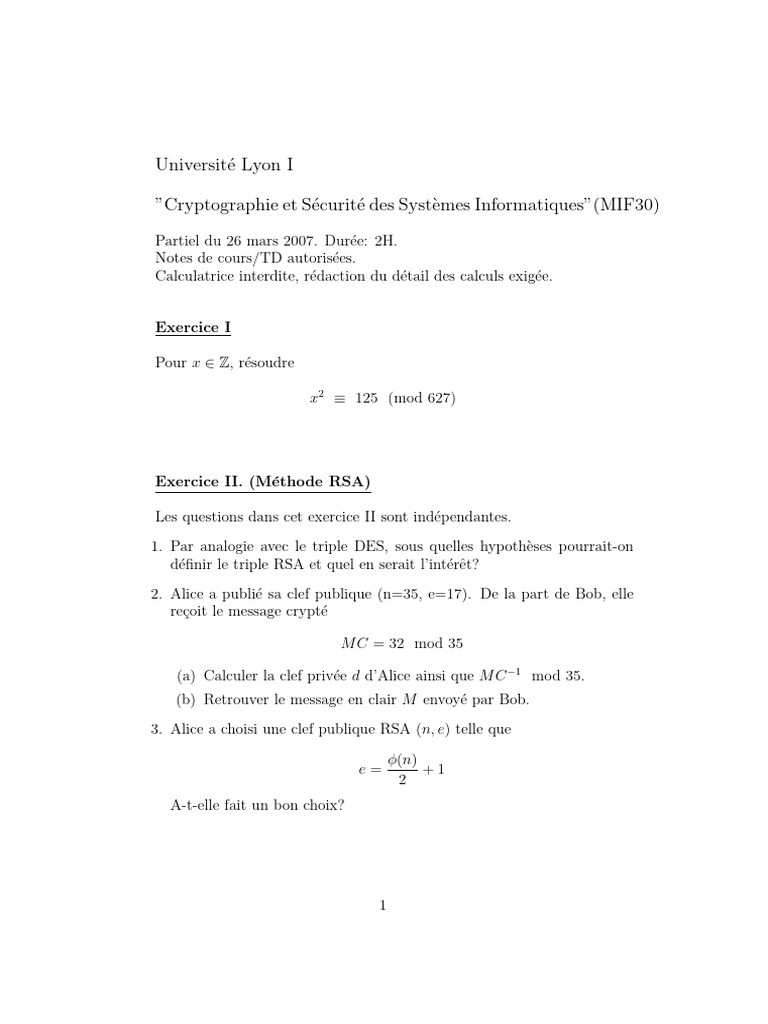 Examen de Cryptographie et Sécurité 2007 | PDF | Public-key ...