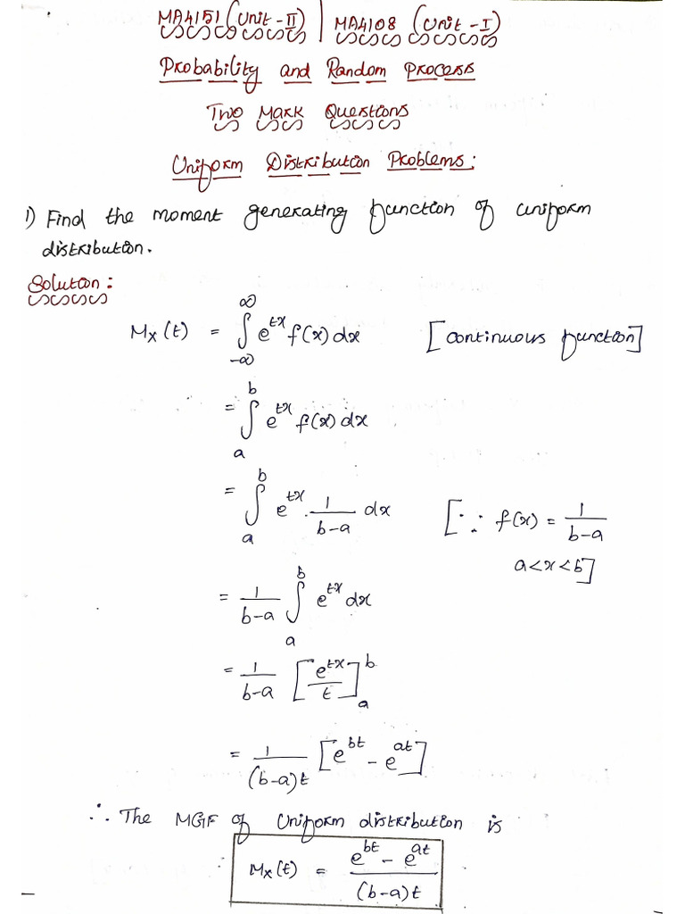 Uniform Distribution Two Mark Questions | PDF