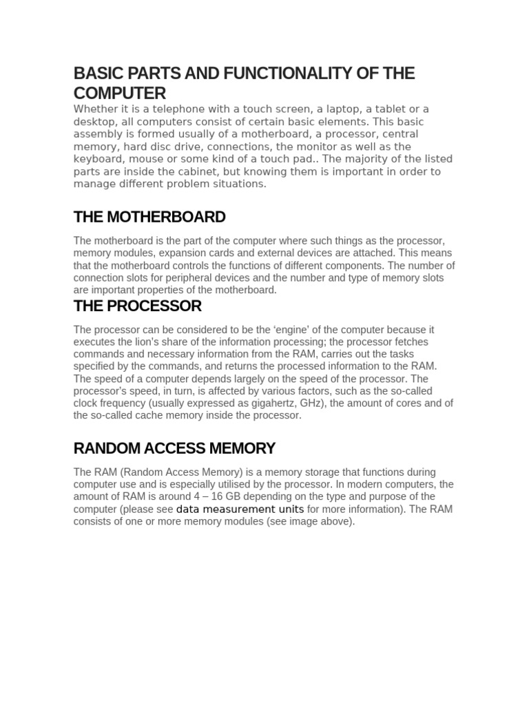Basic Parts and Functionality of The Computer | PDF