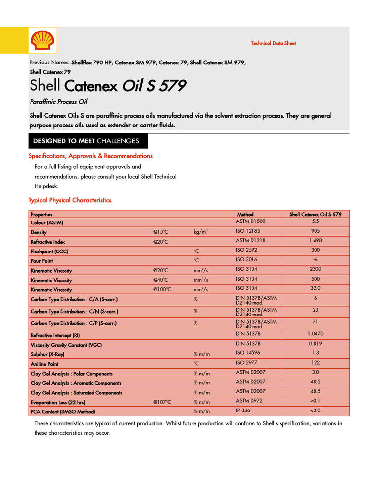 Shell Catenex Oil S 579 Specifications | PDF | Viscosity | Applied And ...