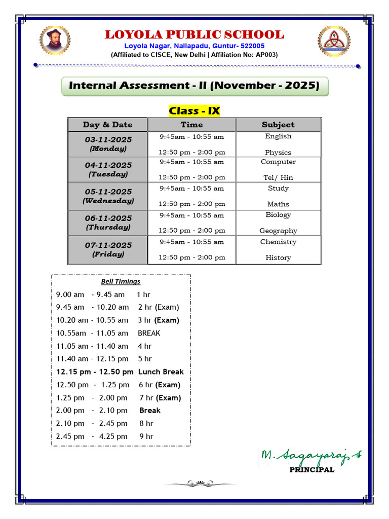 Loyola School Class IX Internal Assessment Schedule | PDF
