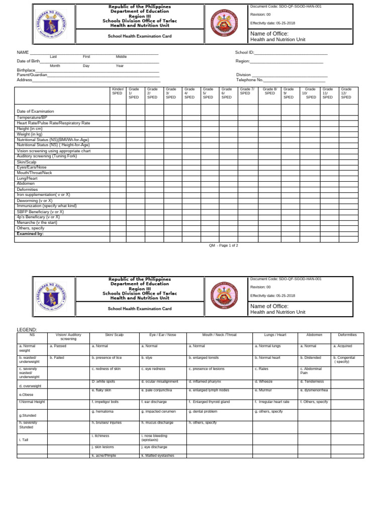 SHN Form 001 School Health Examination Card Elementary | PDF | Diseases ...