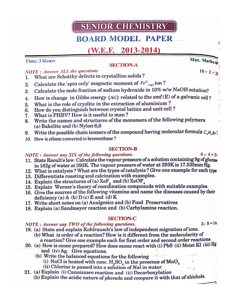 SR Chemistry IPE Previous Papers | PDF