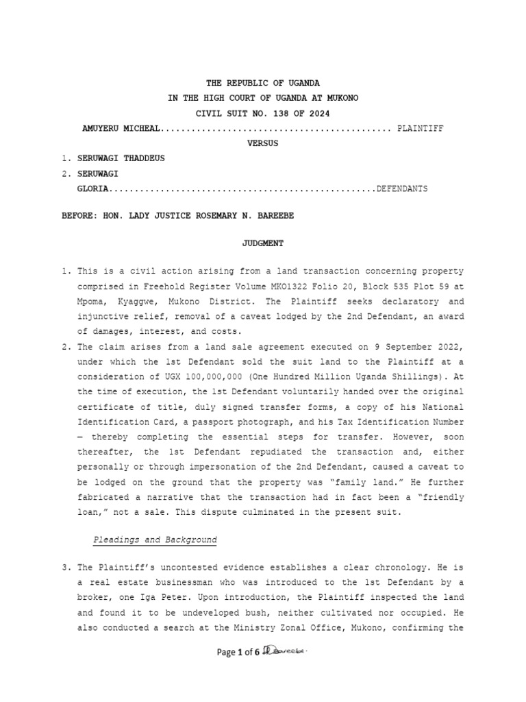 Uganda High Court Land Dispute Judgment | PDF | Burden Of Proof (Law ...