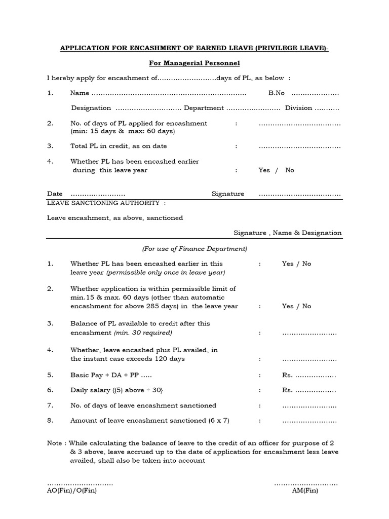 Earned Leave Encashment Application Form | PDF