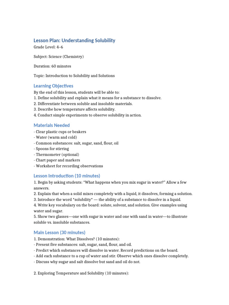 Solubility Lesson Plan for Grades 4-6 | PDF | Solubility | Water