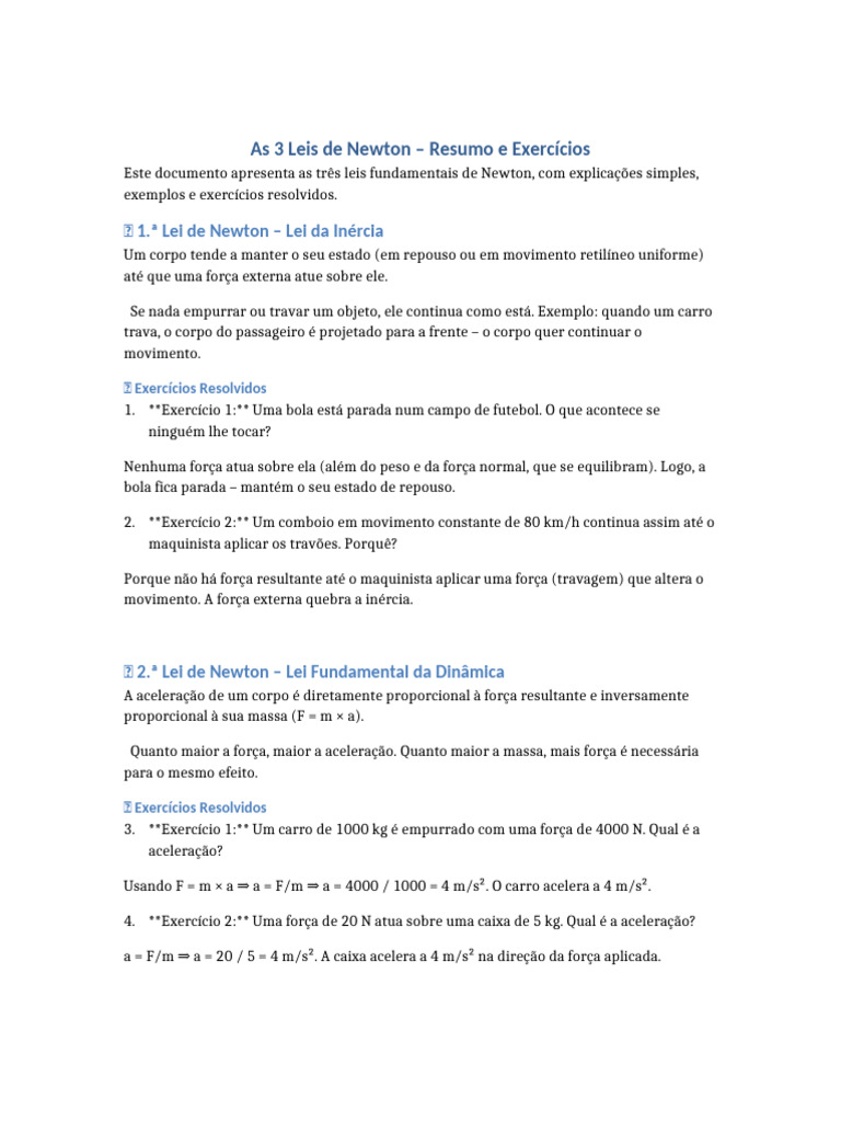 Resumo das 3 Leis de Newton e Exercícios | PDF | Força | Leis do ...