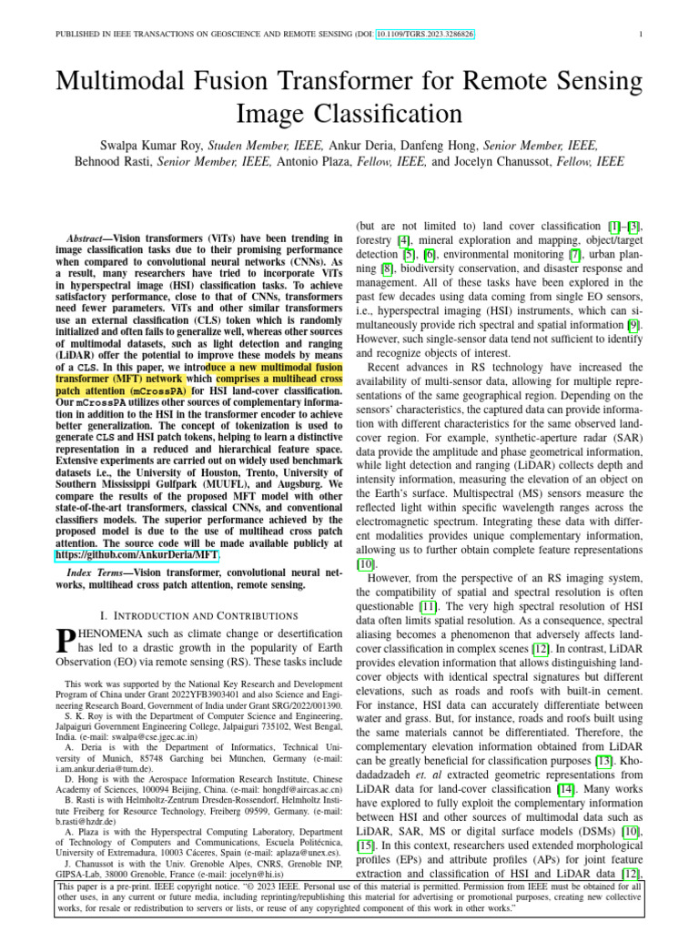 Multimodal Fusion Transformer For Remote Sensing | PDF | Lidar ...