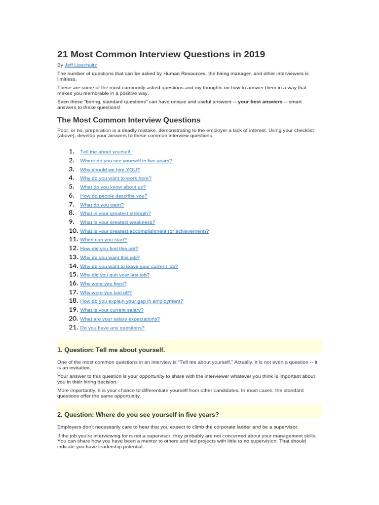 Top 21 Interview Questions to Prepare For | PDF | Salary | Employment
