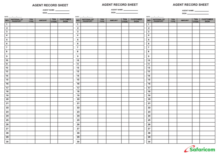 M-Pesa Agent Record Sheet | PDF