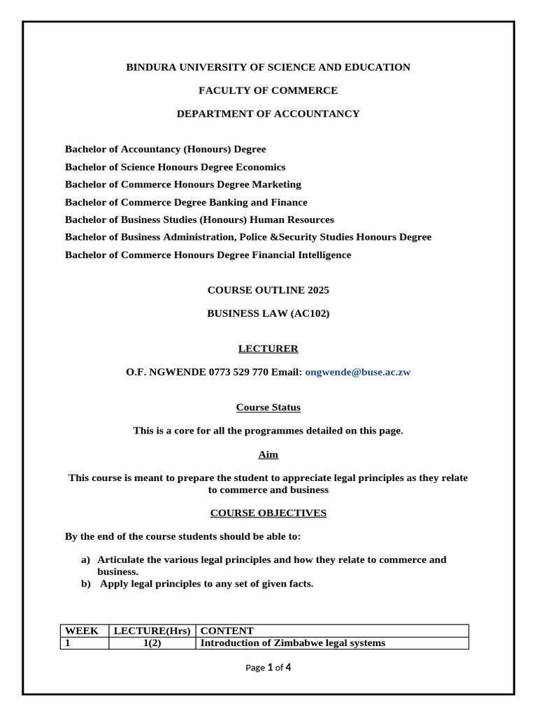Business Law Course Outline 2025 | PDF | Lease | Law Of Obligations