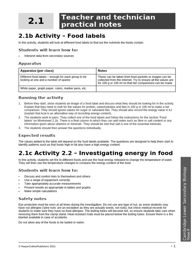 Stage 8 - Practical Notes - Chapter 2 | PDF | Food Energy