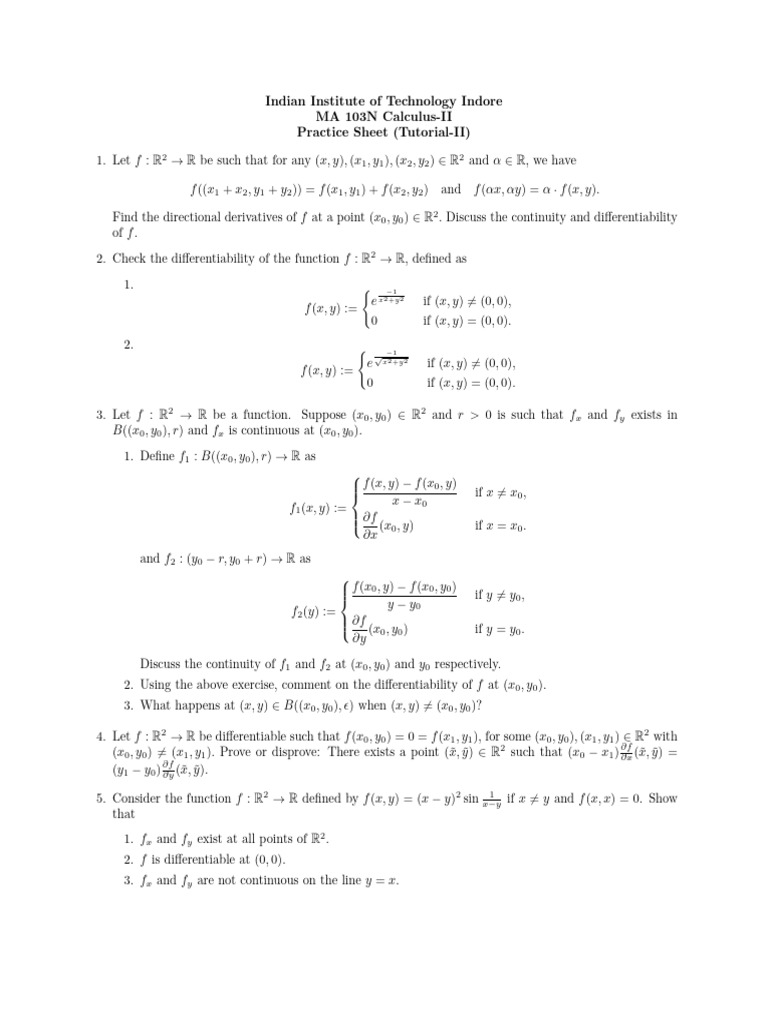 IIT Indore MA 103N Calculus-II Practice Sheet | PDF | Mathematical ...