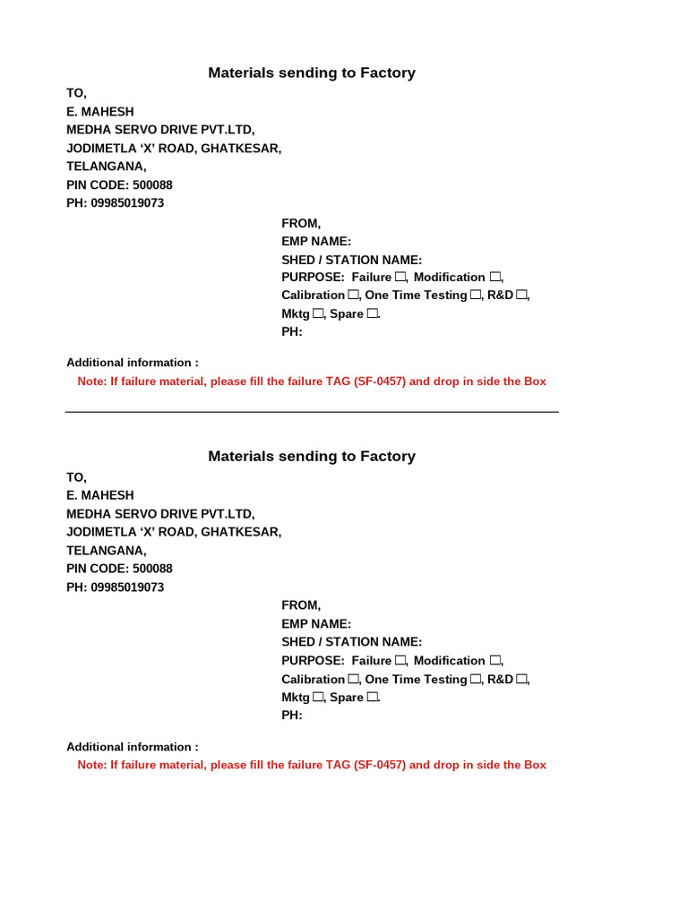 Materials Sending To Factory (Format) | PDF