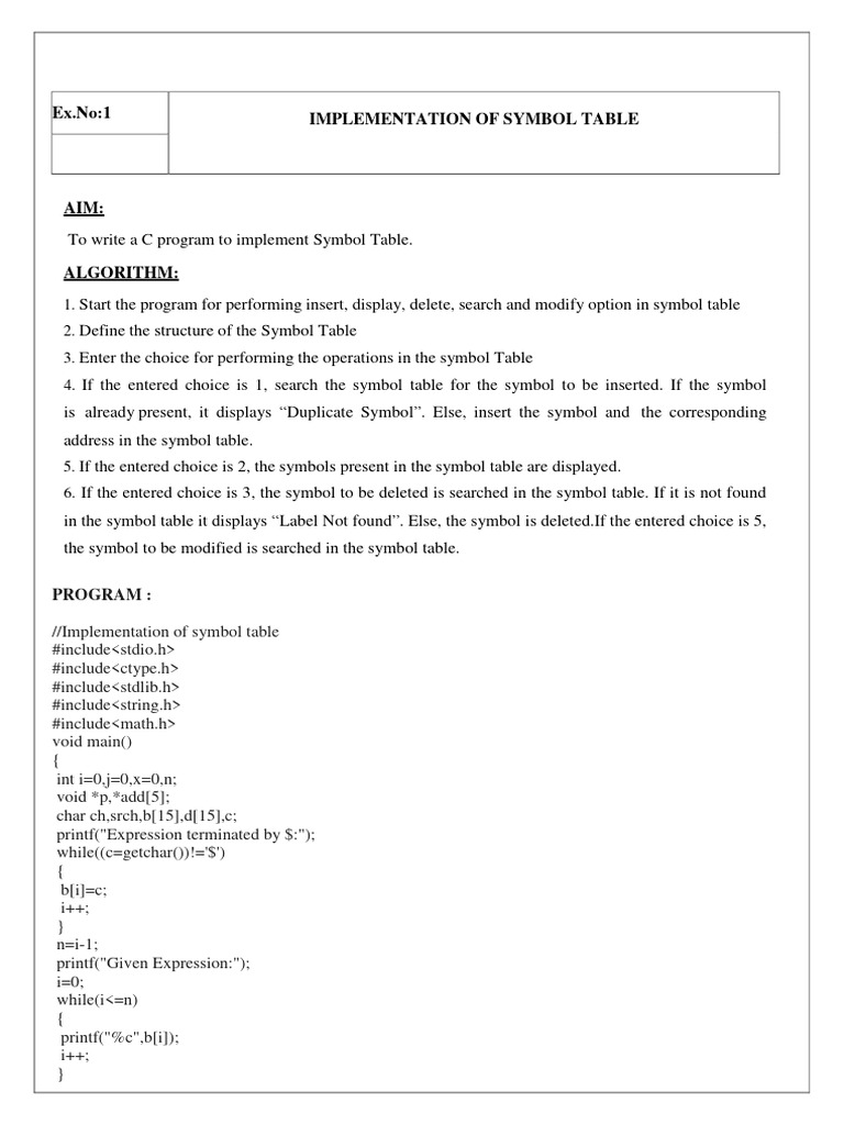C Program for Symbol Table & Lexical Analyzer | PDF | Computer Program ...