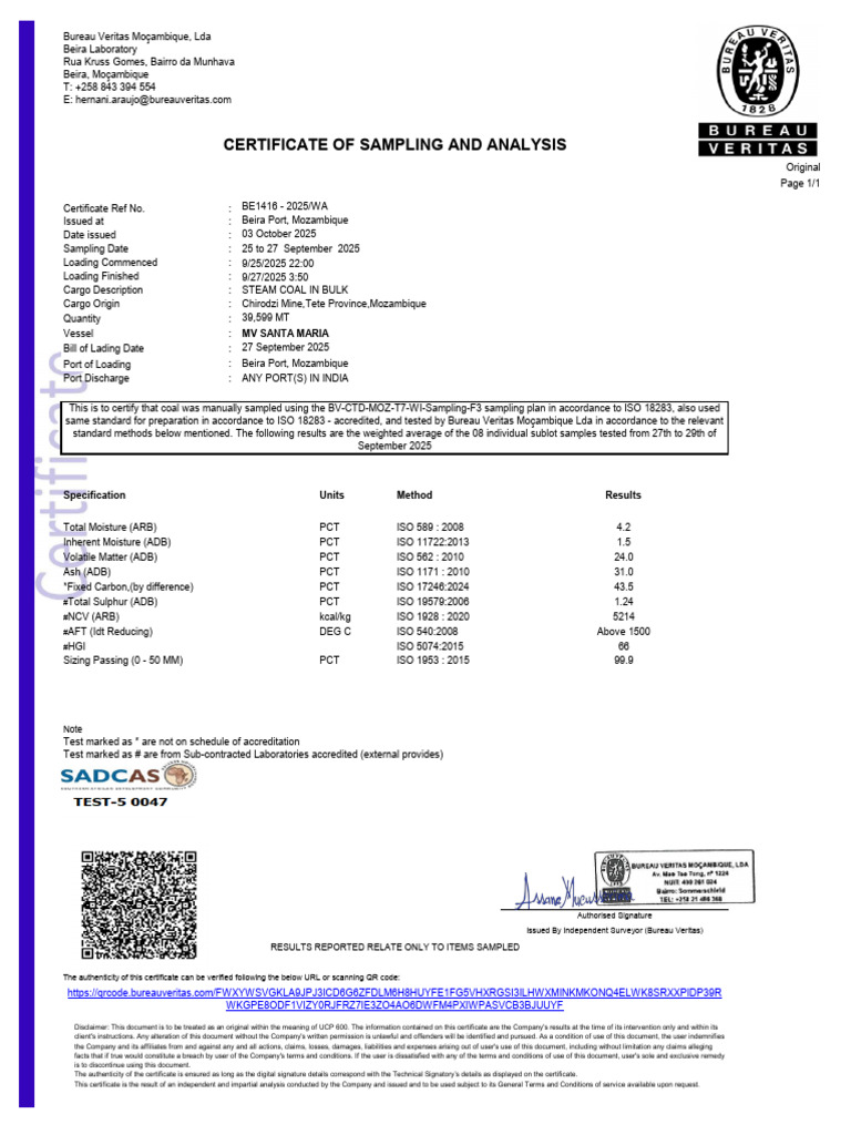 Coal Sampling Certificate - Beira Port | PDF | Authentication