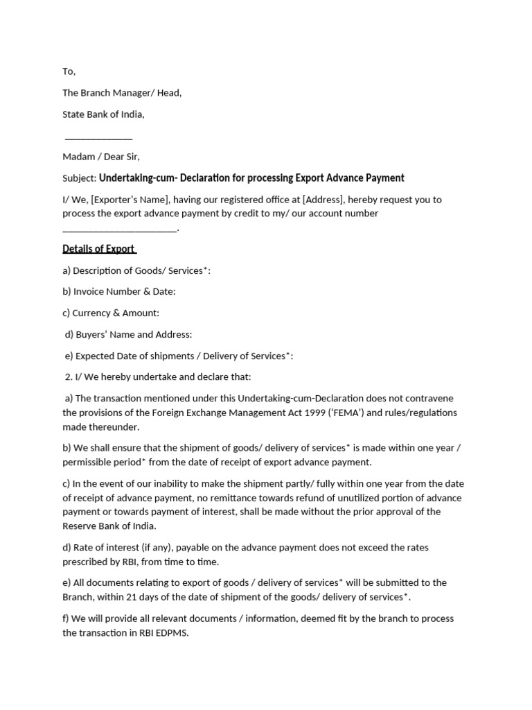 Export Advance Payment Declaration Form | PDF