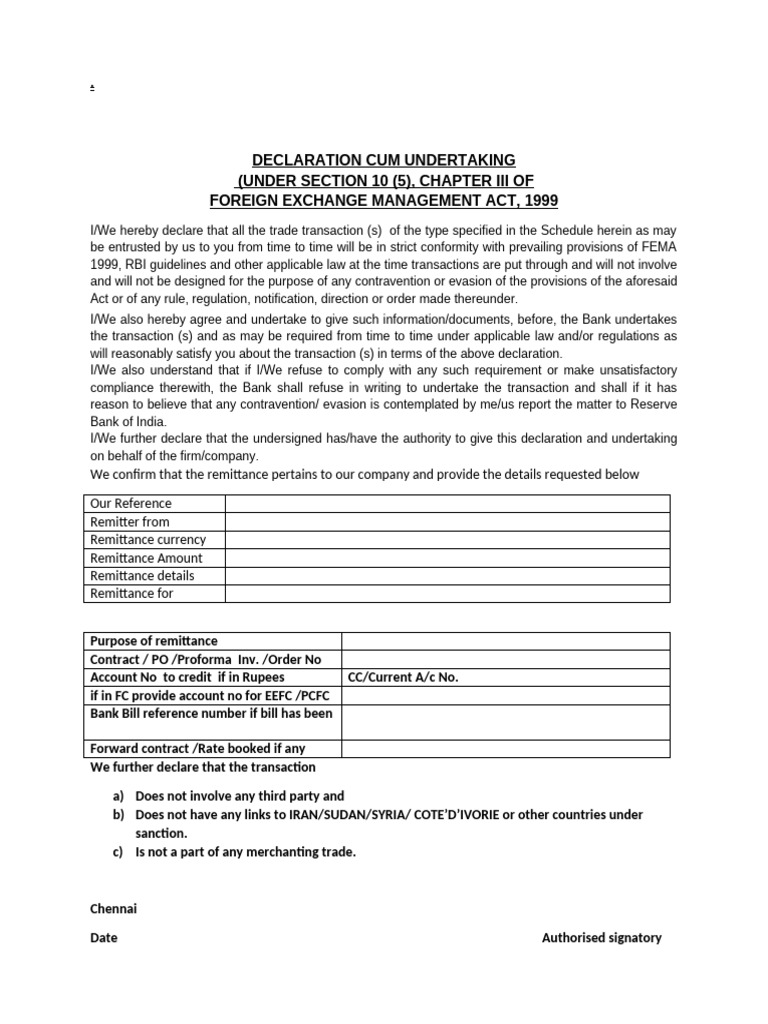 FEMA Declaration for Inward Remittance | PDF