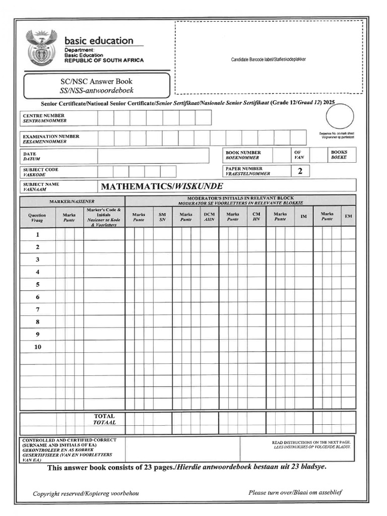 Mathematics P2 May-June 2025 Answer Book Afr & Eng | PDF