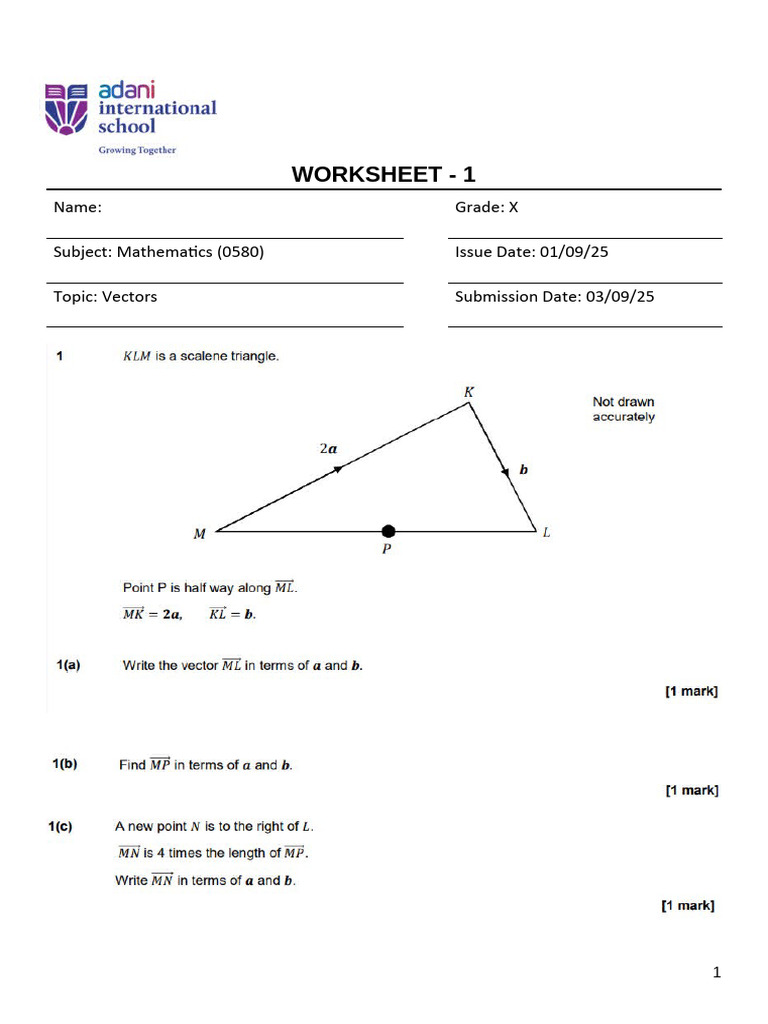 Mathematics Worksheet on Vectors | PDF