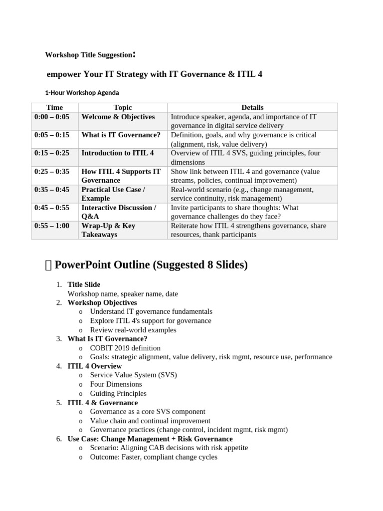 IT Governance & ITIL 4 Workshop Guide | PDF | Governance | Risk