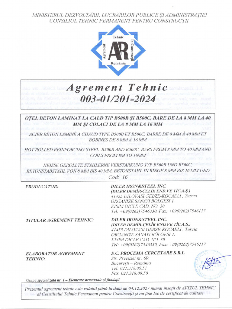 Diler Agrement Tehnic 003-01-201-2024 | PDF