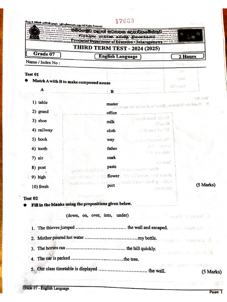 English - Grade 7 - Third Term Test 2024 - Sabaragamuwa Province | PDF