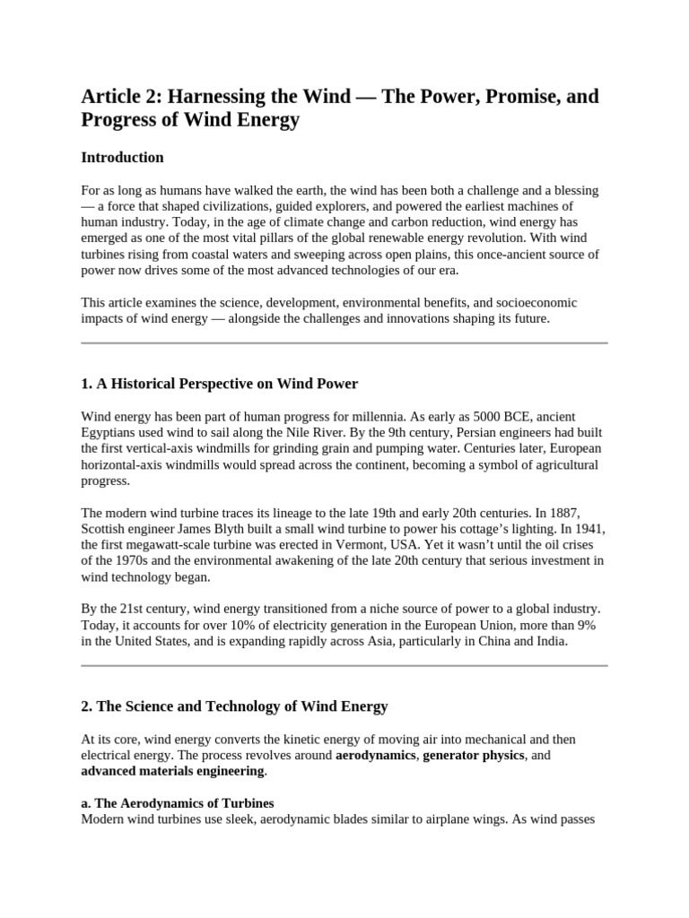 Article 2 Harnessing the Wind — the Power, Promise, And Progress of ...