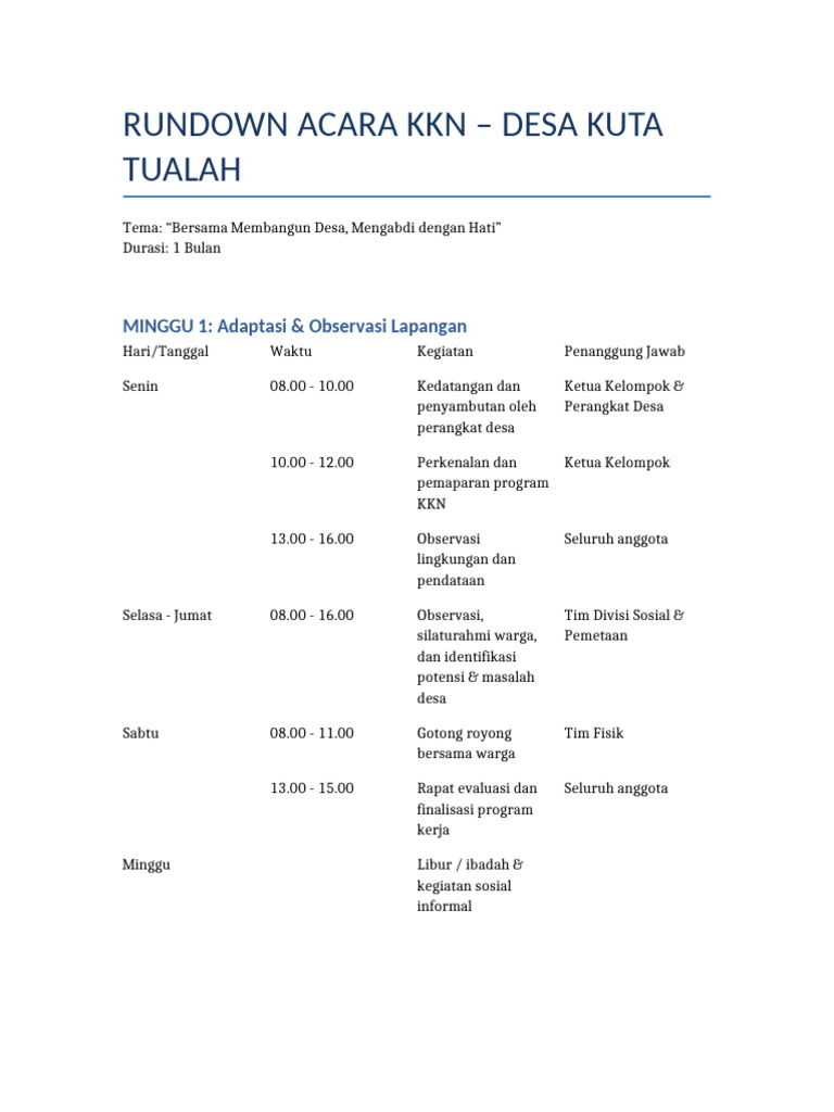 Rundown KKN Kuta Tualah | PDF