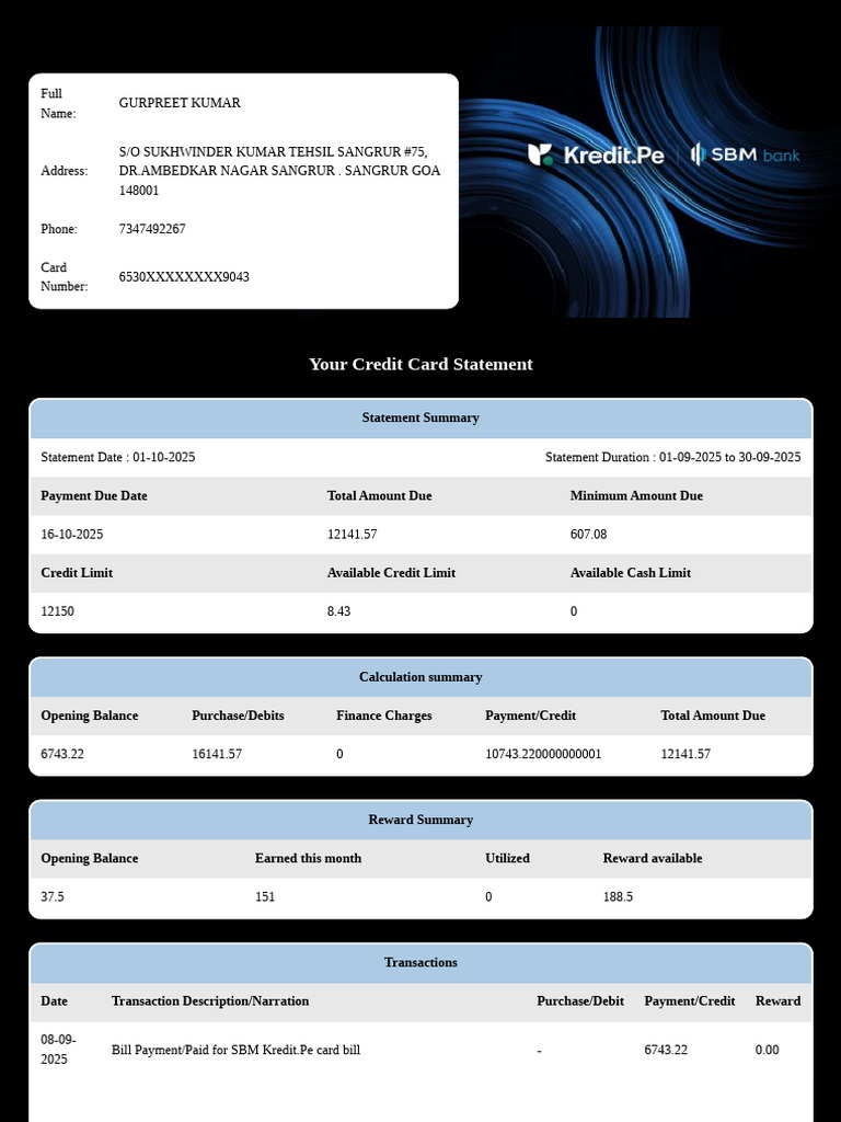 Kredit.Pe Credit Card Statement Summary | PDF | Credit Card | Interest