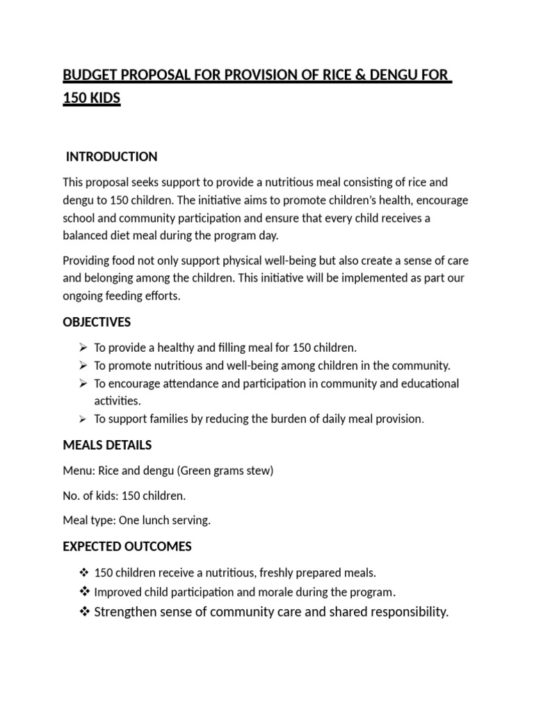 Nutritional Meal Proposal for 150 Kids | PDF