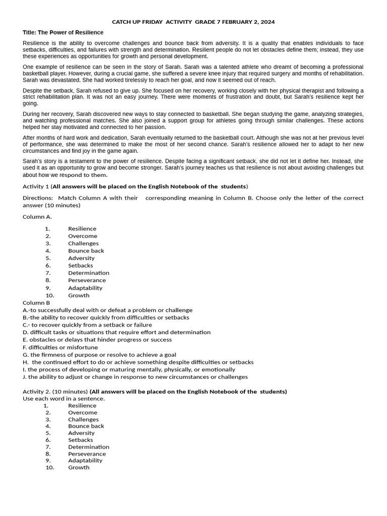 Resilience Activities for Grade 7 | PDF | Psychological Resilience ...