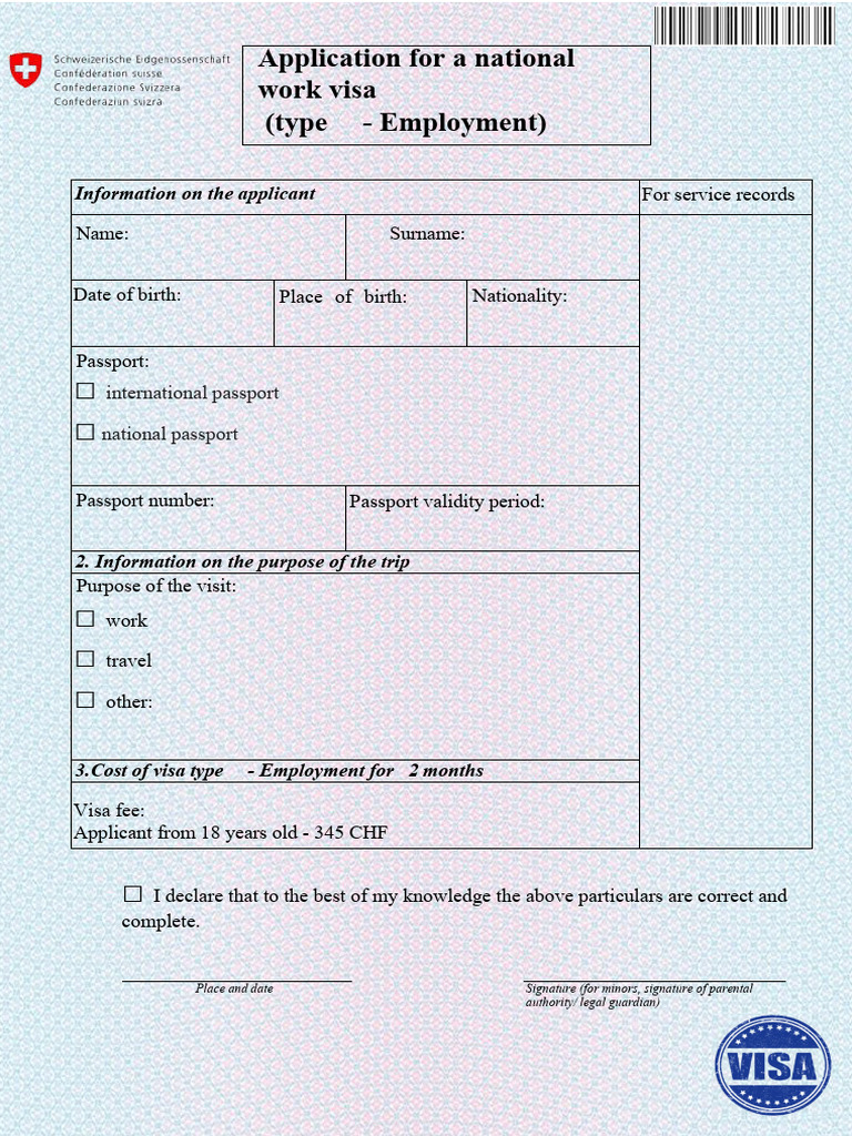 Switzerland National Work Visa Application | PDF